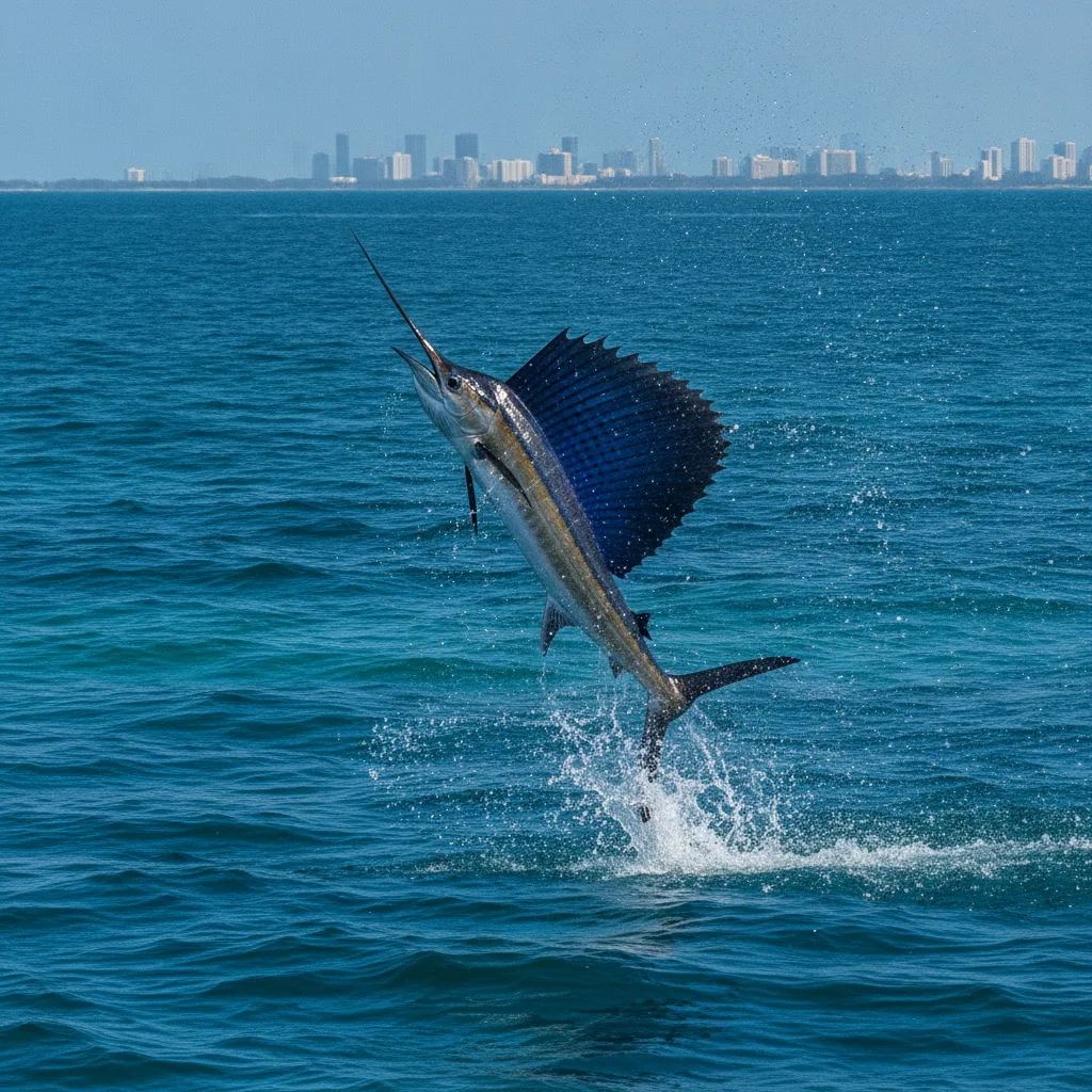 Sailfish jumping behind a sportfishing boat off Miami with Government Cut in the background