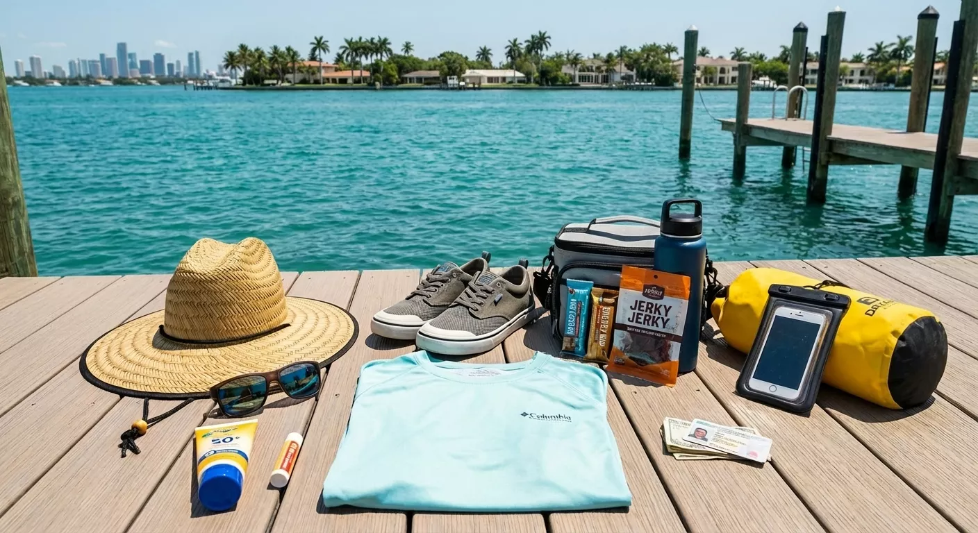 Cooler, sun shirt, hat, and sunglasses packed for a Fort Lauderdale fishing charter