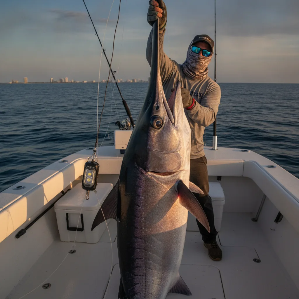 A broadbill swordfish boatside on Cool Runnings after a daytime deep-drop battle off Fort Lauderdale, bill still glowing purple in the afternoon sun