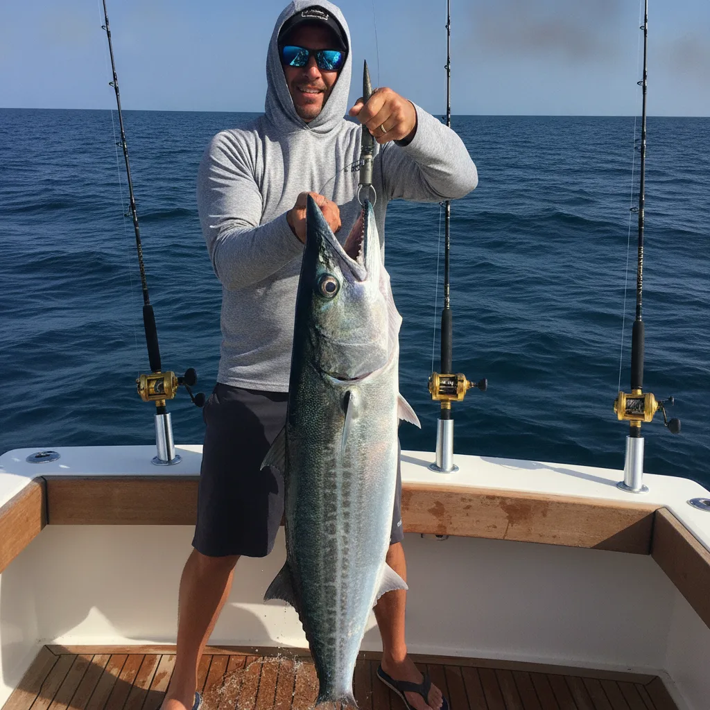 Angler holding a 45-pound wahoo boatside on the deck of Cool Runnings off Fort Lauderdale on a bright fall morning