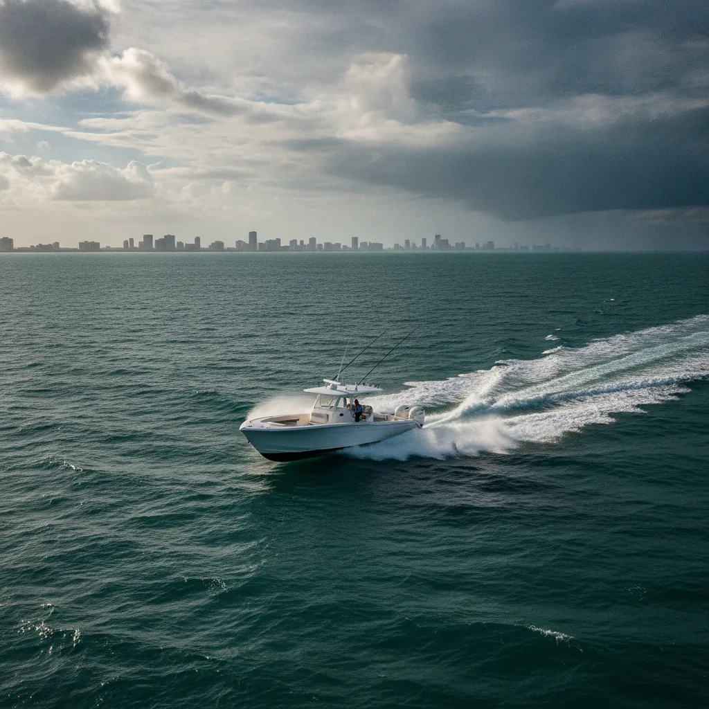 Offshore fishing boat running through light chop off Miami with the city skyline behind