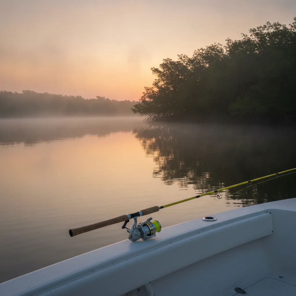 Calm intracoastal water near Cox Landing in Fort Lauderdale at sunrise with a light tackle spinning rod ready for inshore fishing