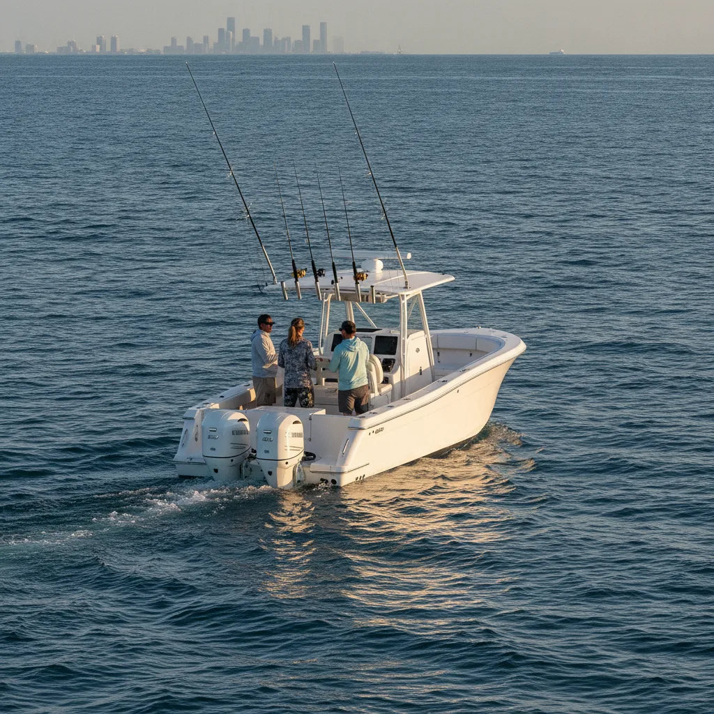 Private Cool Runnings sportfishing charter running offshore near Miami with a small group on the deck