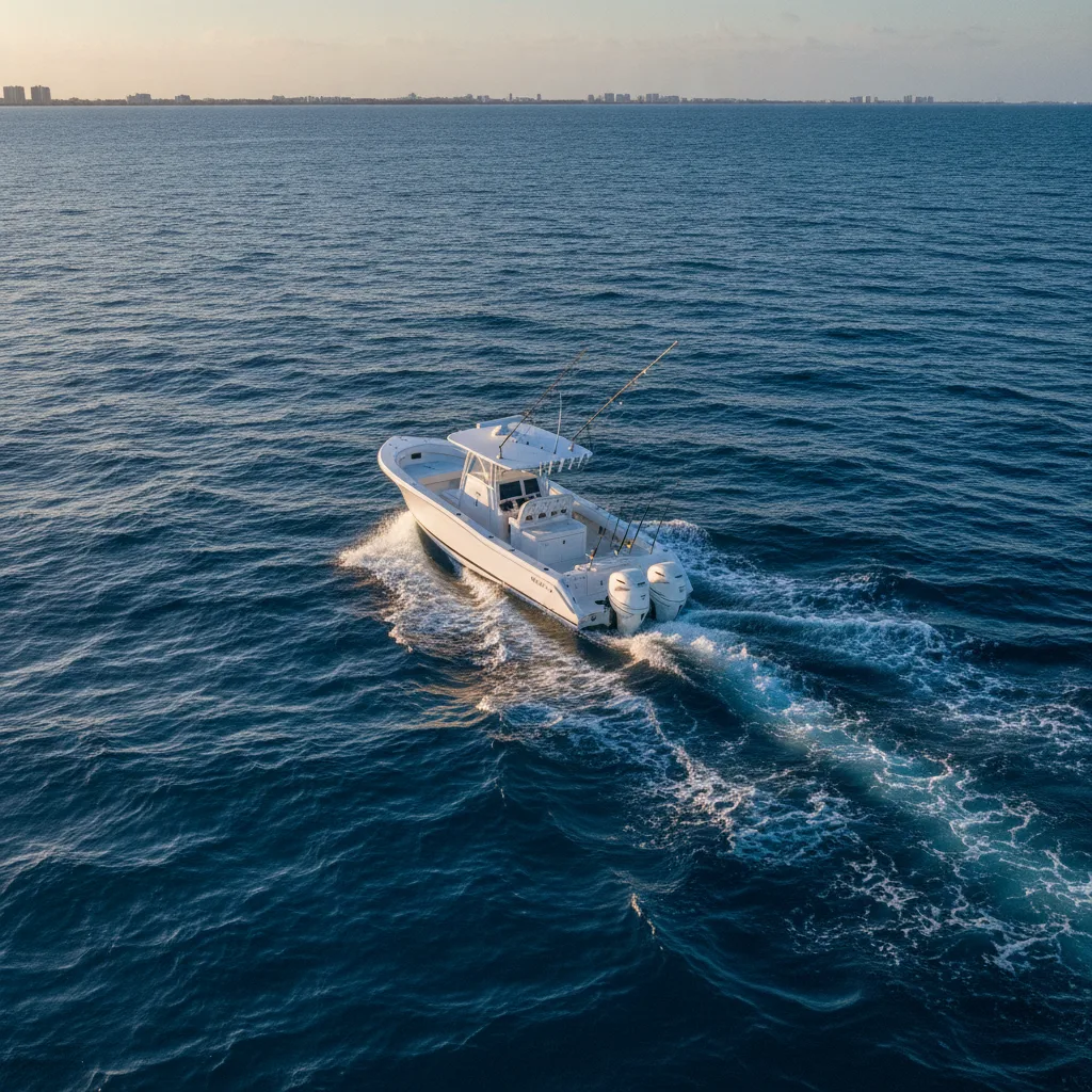 Offshore sportfishing boat trolling blue water off Fort Lauderdale with rods set