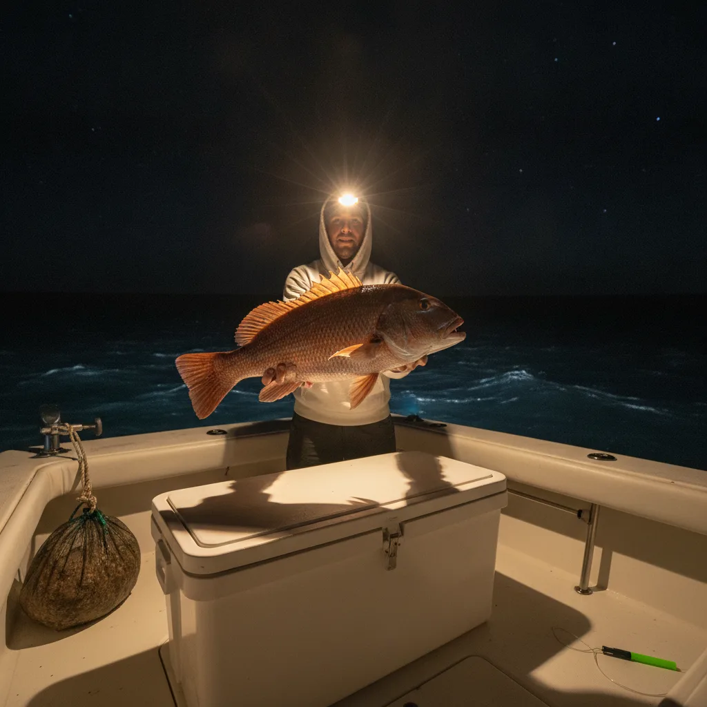 Large mutton snapper landed at night on the deck of the 32-foot Contender Cool Runnings under spotlight off Fort Lauderdale