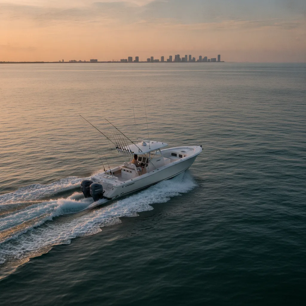 A 32-foot Contender sportfishing boat running the calm early morning waters off Fort Lauderdale in early September, baitwells full and rods rigged for a mix of offshore mahi, tuna, and reef snapper action.
