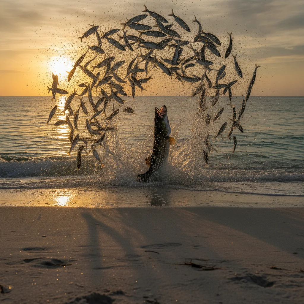 Silver mullet spraying out of green water off a Fort Lauderdale beach as a large snook crashes through the bait ball at sunrise