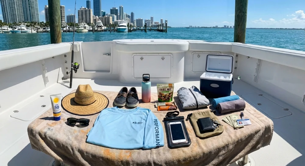 Essential items to pack for a Miami fishing charter, including sun protection, hydration, and fishing gear